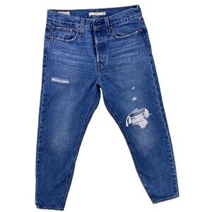Levi's Jeans Womens Size 27x28 Wedgie Blue Tapered Stretch Button Fly Distressed